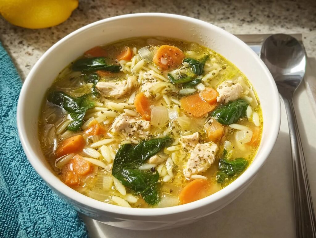 Close-up of a bowl of homemade chicken orzo soup with carrots and spinach, perfect for Restaurant-Style Soup Recipes at Home.