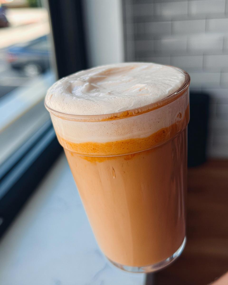 Close-up of an orange-colored iced beverage topped with thick white foam, resembling Restaurant-Style Starbucks Drinks Recipes at Home.