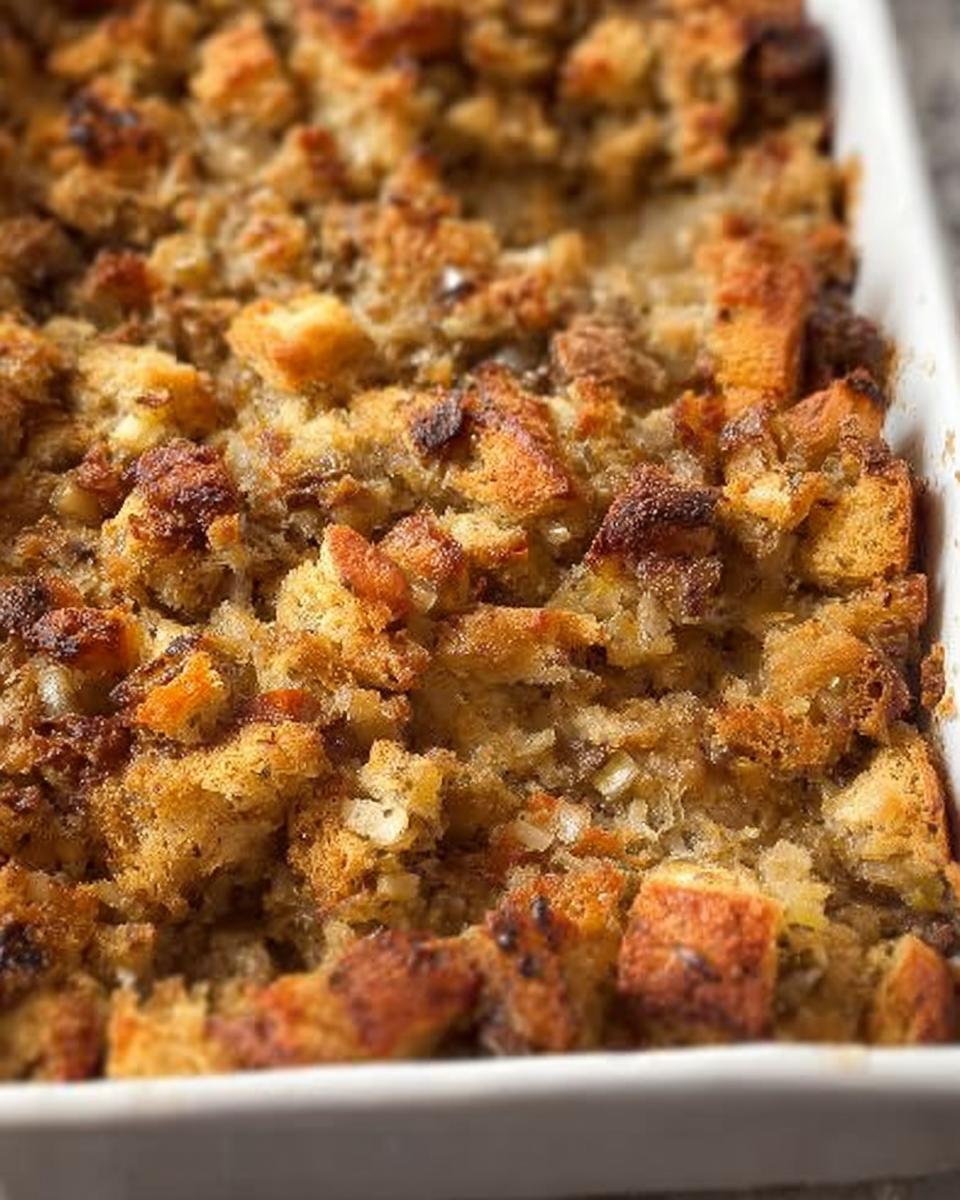 Close-up of golden brown, crispy Restaurant-Style Stuffing Recipes at Home baked in a white dish.