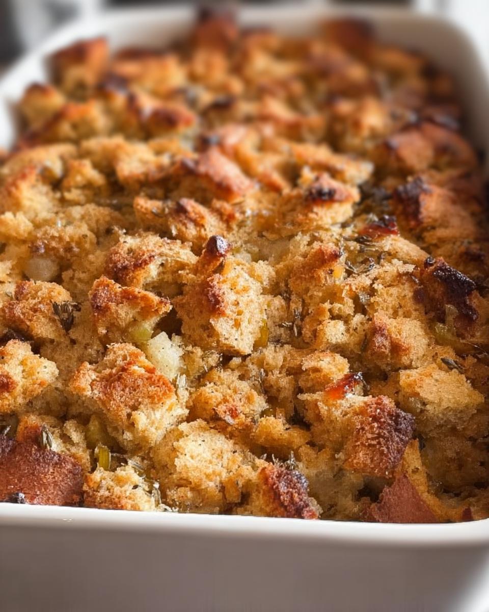 Close-up of golden-brown, crispy bread cubes in a white dish, representing Restaurant-Style Stuffing Recipes at Home.