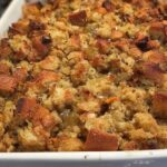 Close-up of golden brown, crispy bread cubes in a Restaurant-Style Stuffing Recipes at Home.