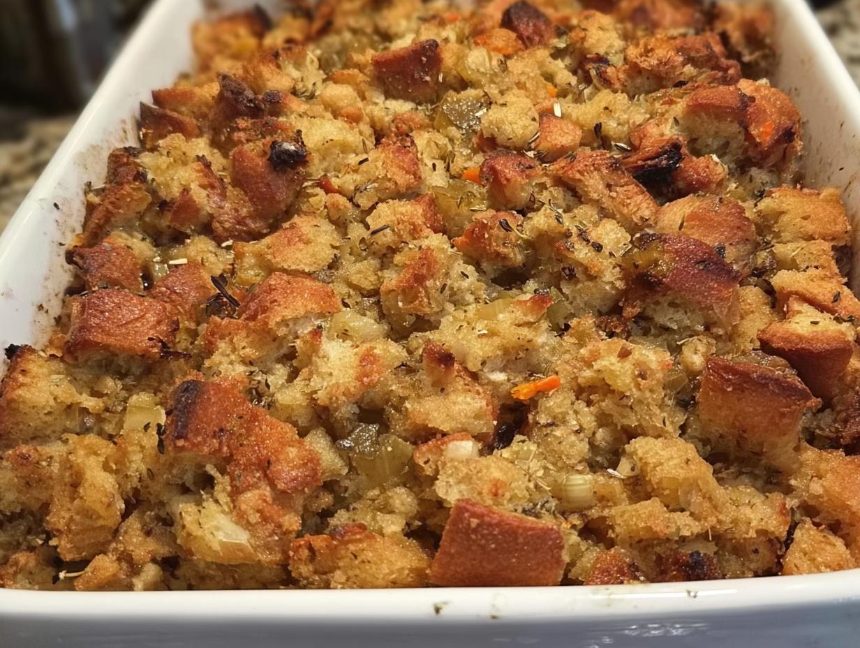 Close-up of golden brown, crispy bread cubes in a Restaurant-Style Stuffing Recipes at Home.