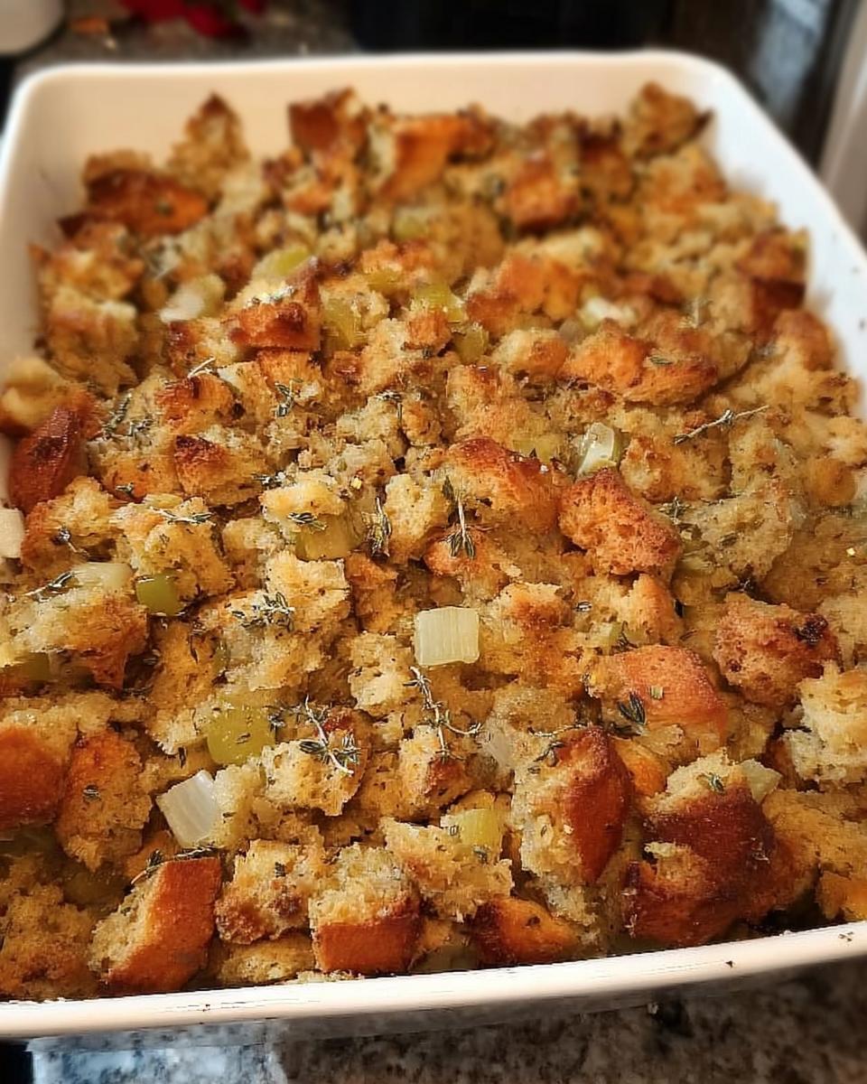 Close-up of golden brown, fluffy Restaurant-Style Stuffing Recipes at Home with visible celery and thyme.