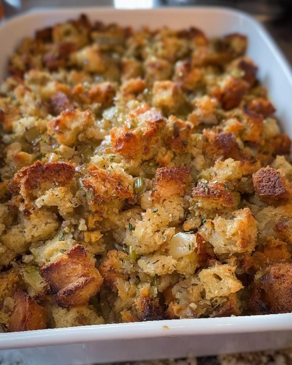 Close-up of golden brown, crispy Restaurant-Style Stuffing Recipes at Home baked in a white casserole dish.