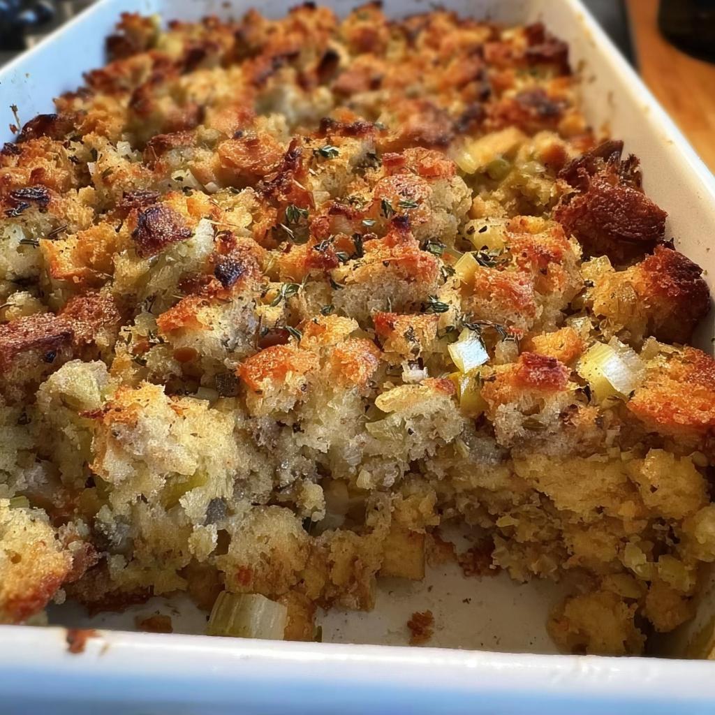 Close-up of golden brown, crispy Restaurant-Style Stuffing Recipes at Home baked in a white casserole dish.