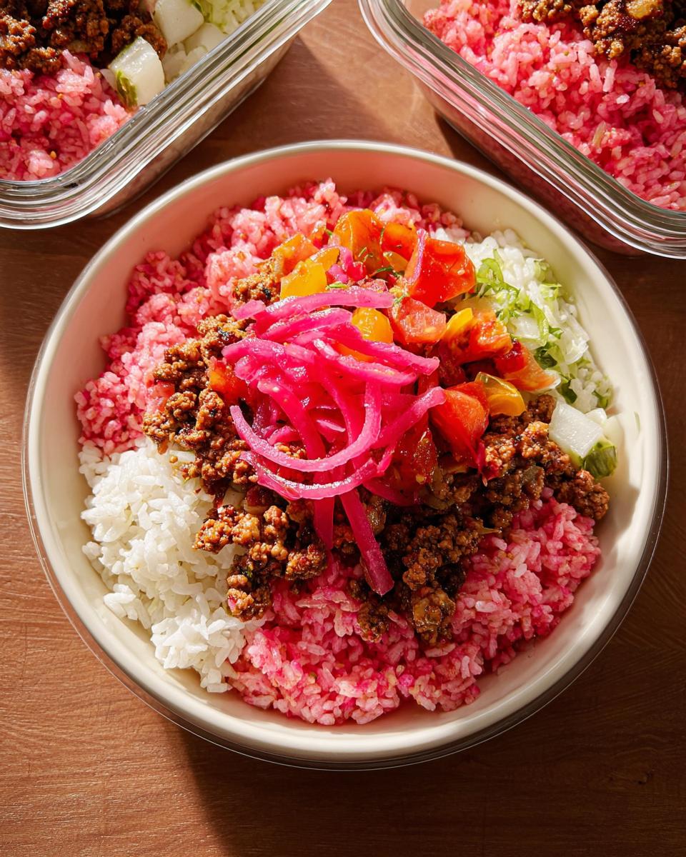 Close-up of a vibrant Rice Bowls Recipes Meal Prep featuring pink rice, seasoned ground meat, pickled onions, and chopped vegetables.
