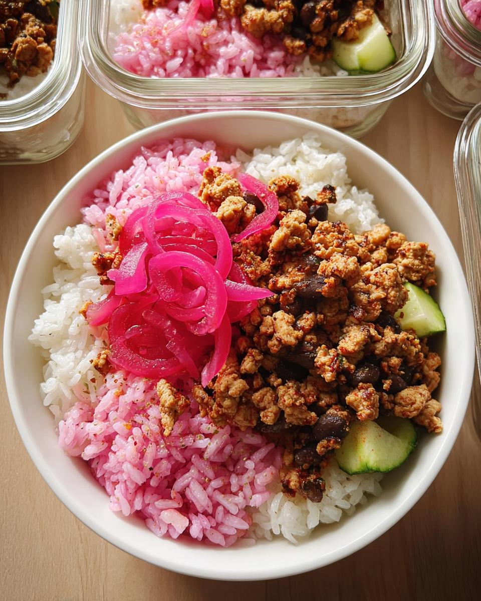 A bowl featuring Rice Bowls Recipes Meal Prep with white and pink rice, seasoned ground meat, pickled red onions, and cucumber slices.