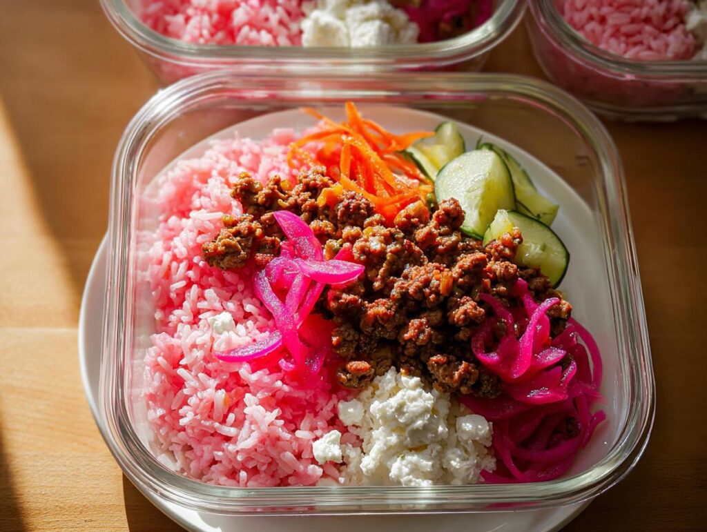 Close-up of a glass container holding one of the Rice Bowls Recipes Meal Prep That Actually Tastes Great, featuring pink rice, seasoned ground meat, pickled onions, and cucumbers.
