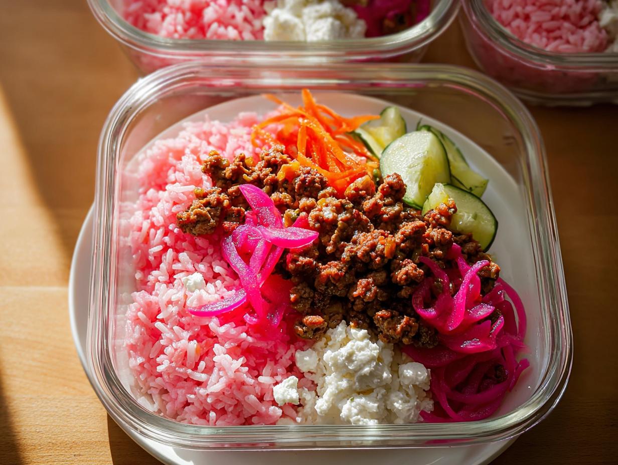 Close-up of a glass container holding one of the Rice Bowls Recipes Meal Prep That Actually Tastes Great, featuring pink rice, seasoned ground meat, pickled onions, and cucumbers.