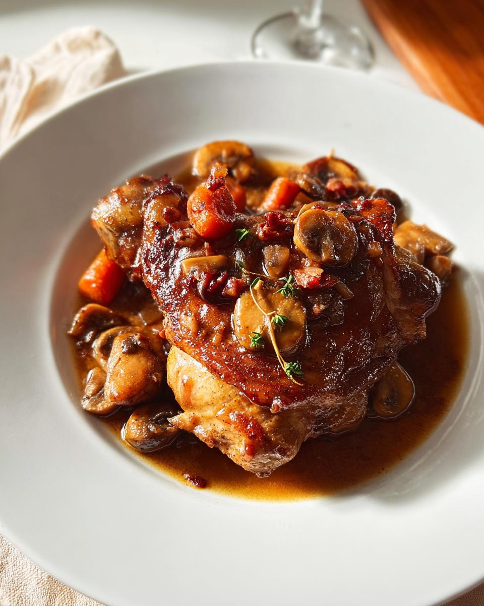 Close-up of a braised chicken thigh in a rich brown sauce with mushrooms and carrots, a perfect example of these popular chicken recipes.