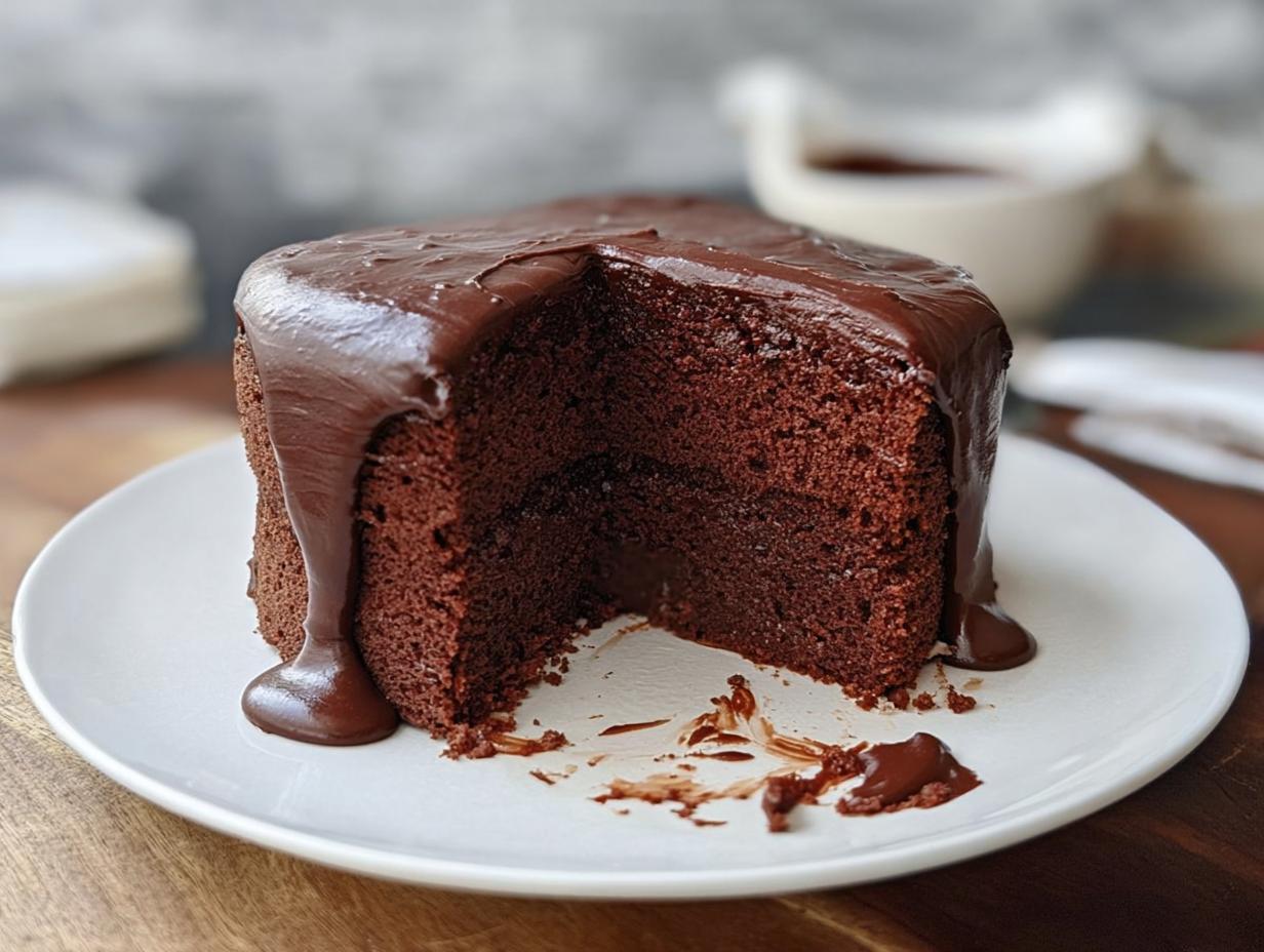 A slice missing from a small, rich chocolate cake covered in thick, dripping ganache, part of 7-Ingredient Cake Ideas.