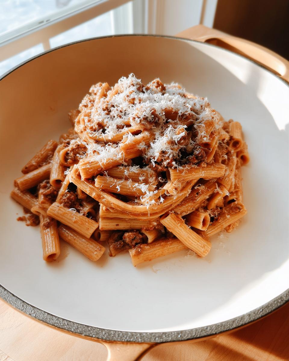 A serving of rigatoni pasta tossed in meat sauce and topped with grated Parmesan cheese, one of 20 Genius Pasta Recipes Ideas for Busy Weeknights.