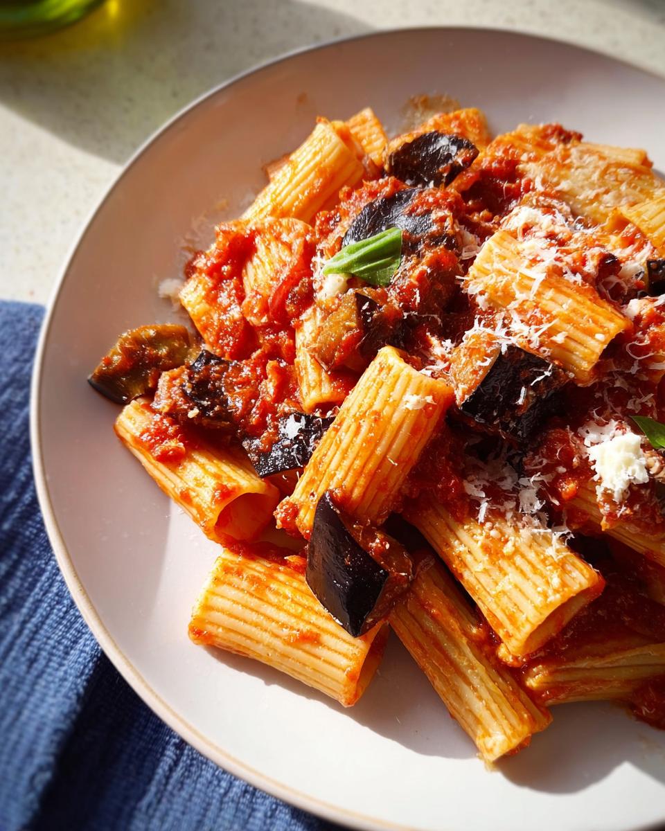 Close-up of rigatoni pasta tossed in a rich tomato sauce with chunks of eggplant, topped with grated cheese.