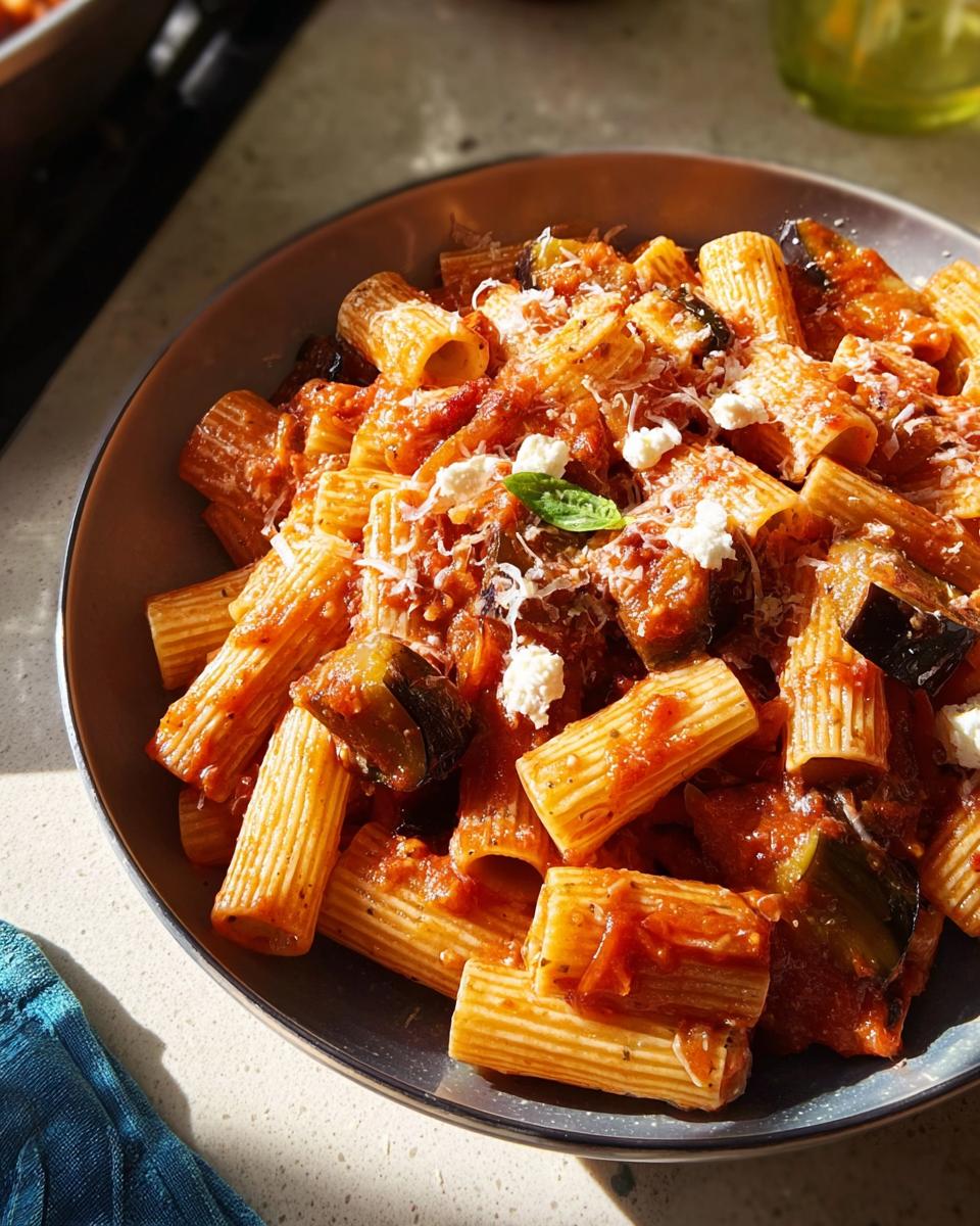A bowl of rigatoni pasta tossed in a rich tomato sauce with chunks of eggplant, topped with ricotta and Parmesan cheese.
