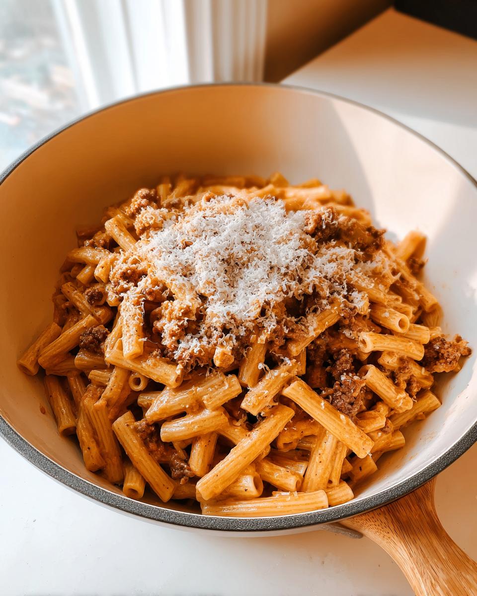 A skillet full of rigatoni pasta tossed in a creamy meat sauce and topped with grated Parmesan cheese, perfect for 20 Genius Pasta Recipes Ideas for Busy Weeknights.