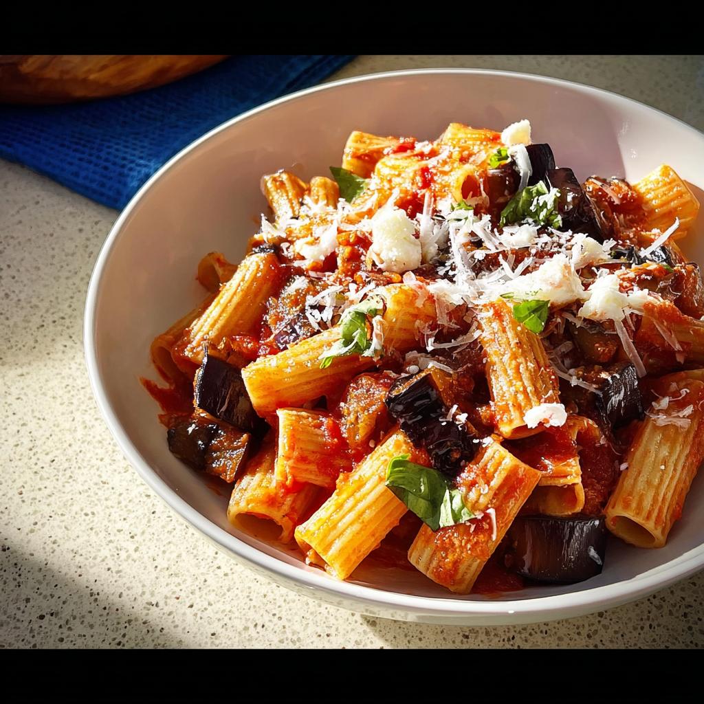 Close-up of rigatoni pasta with eggplant, tomato sauce, and grated cheese, fitting for 12-Ingredient Pasta Recipes.