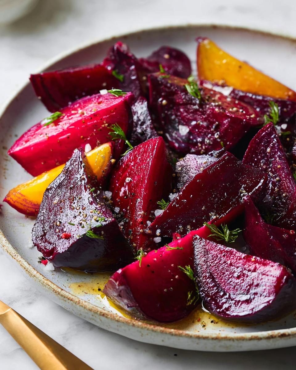 Close-up of roasted beets, including red and golden varieties, seasoned with salt and herbs, a perfect example of How to Make Veggie Sides Recipes.