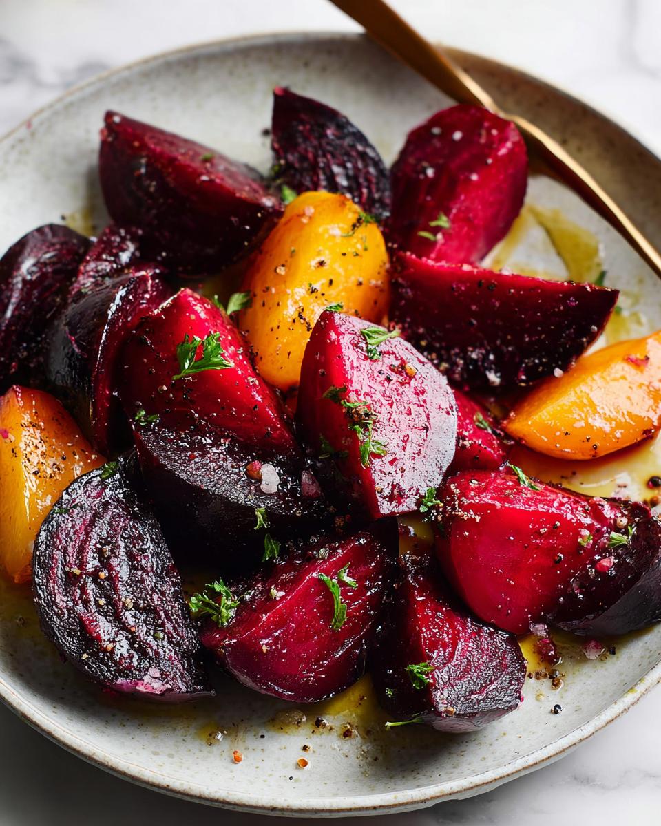 Close-up of roasted red and golden beets, seasoned with salt, pepper, and herbs, illustrating great veggie sides recipes.