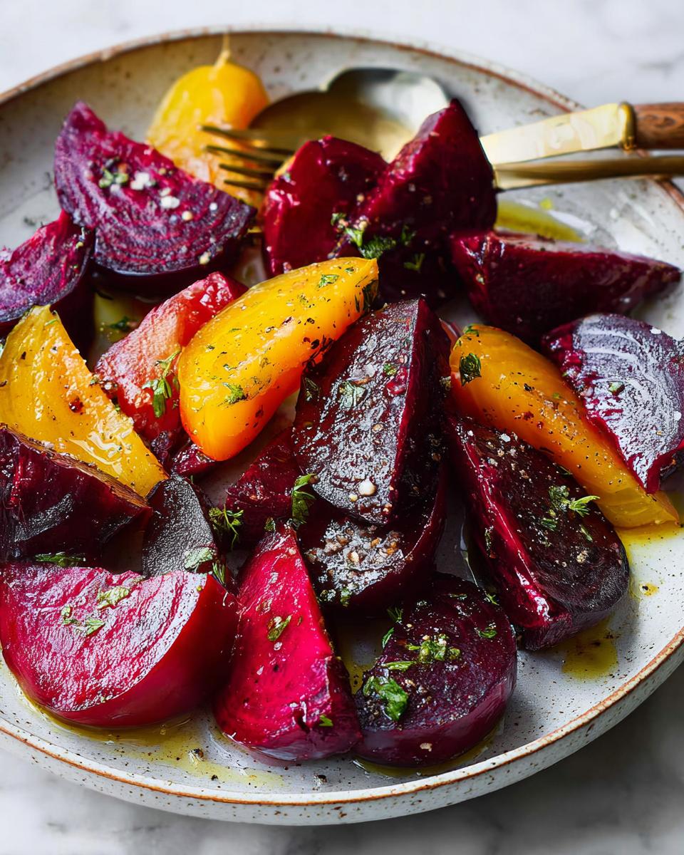 Close-up of roasted red and golden beets, seasoned with herbs, demonstrating excellent veggie sides recipes.