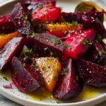 Close-up of roasted red and golden beets, seasoned and drizzled with oil, illustrating great veggie sides recipes.