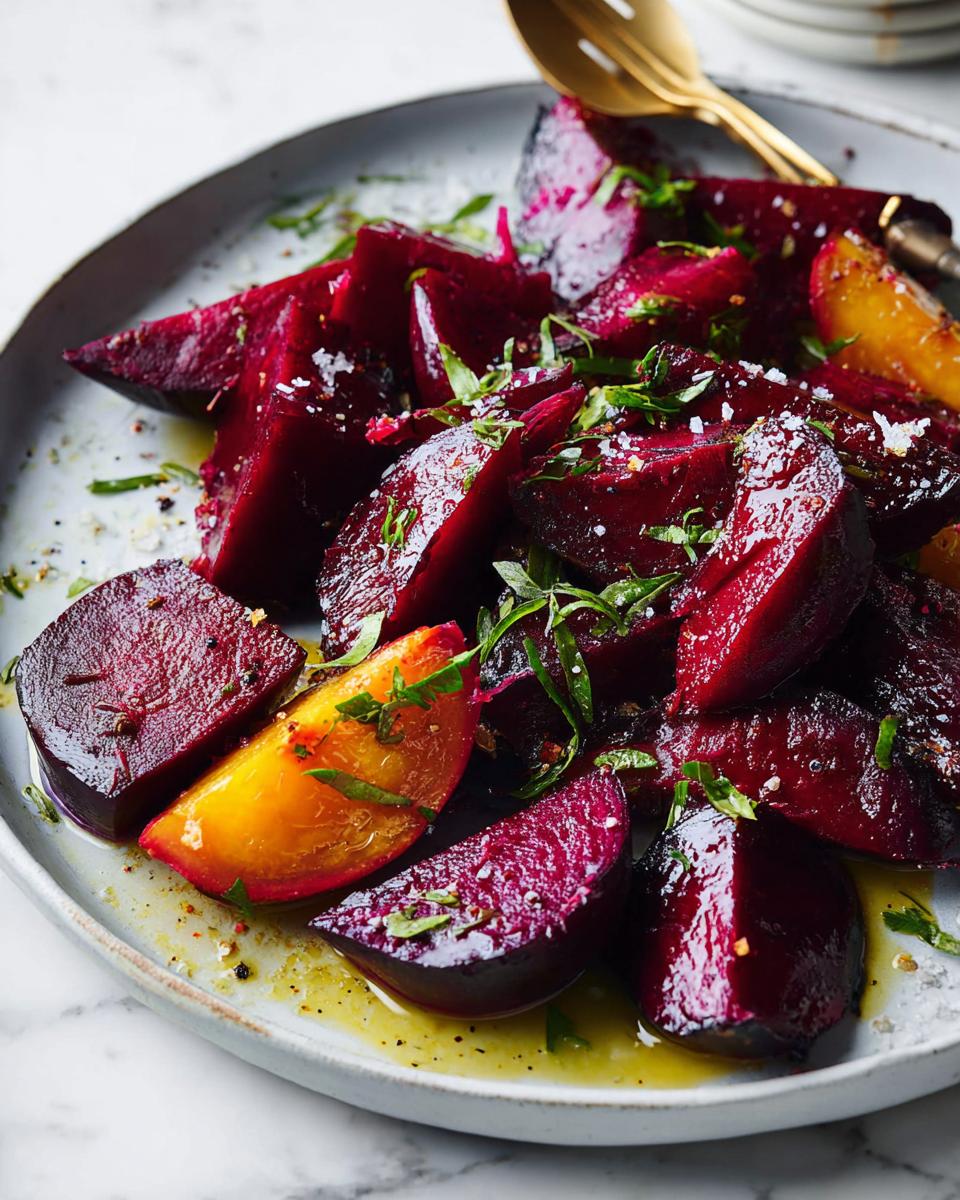 Close-up of roasted red and golden beets seasoned with herbs and salt, a perfect example of veggie sides recipes.
