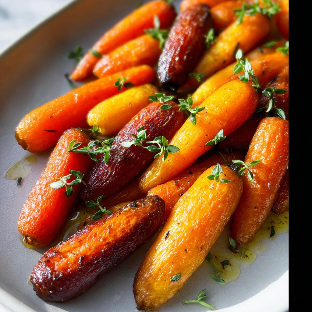 Close-up of roasted, glazed baby carrots garnished with fresh thyme, perfect for Veggie Sides Recipes Meal Prep.