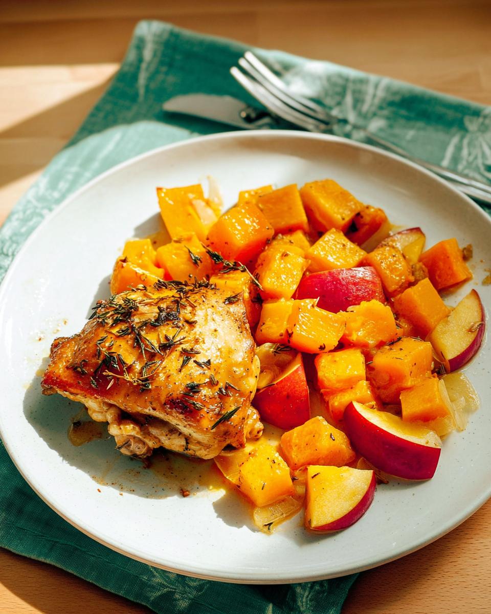 A perfectly roasted chicken thigh seasoned with herbs served next to diced butternut squash and apple slices, a great idea for 25 Genius Chicken Thigh Recipes.