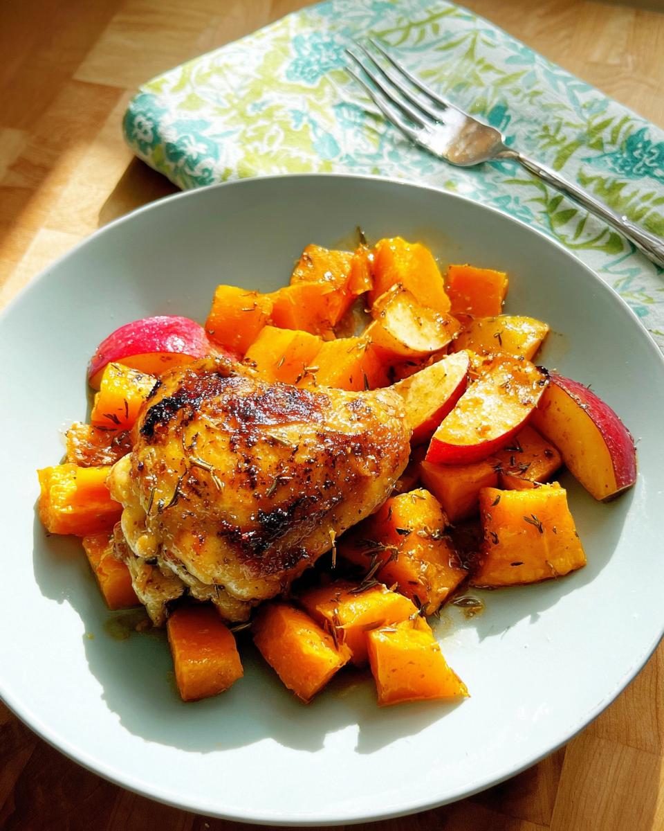 A perfectly roasted chicken thigh served over cubed butternut squash and apple slices, part of 25 Genius Chicken Thigh Recipes Ideas for Busy Weeknights.