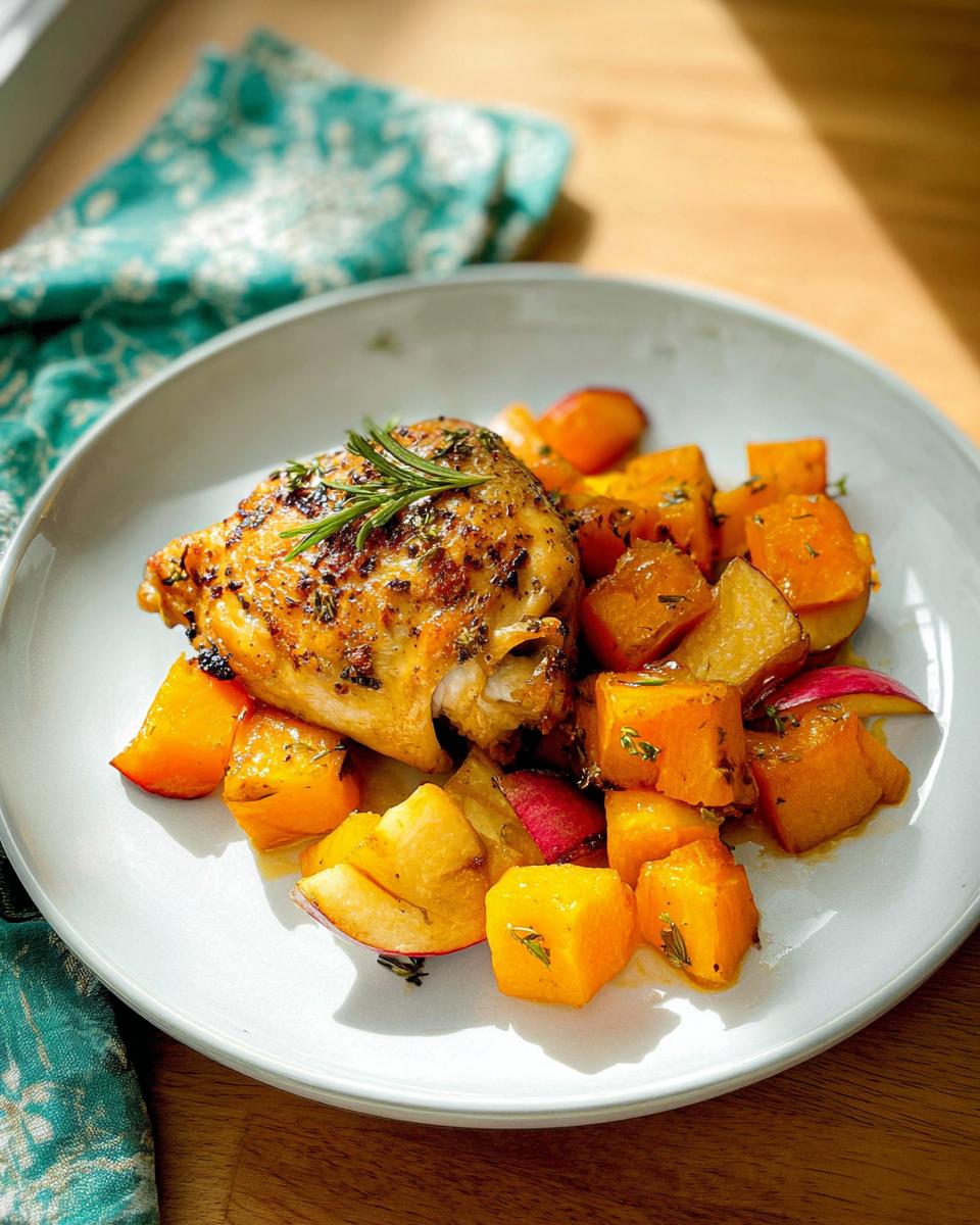 A perfectly roasted chicken thigh served with roasted butternut squash cubes and apple slices, a great idea for 25 Genius Chicken Thigh Recipes.