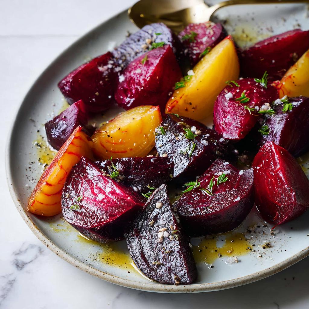 Close-up of roasted red and golden beets, seasoned with salt, pepper, and herbs, as an example of great veggie sides recipes.