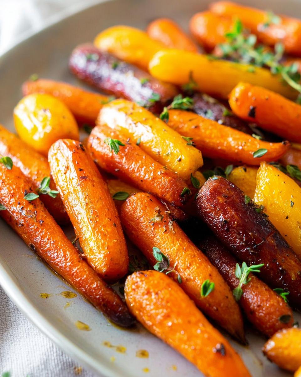 Close-up of roasted rainbow carrots glazed and garnished with fresh thyme, perfect for veggie sides recipes meal prep.