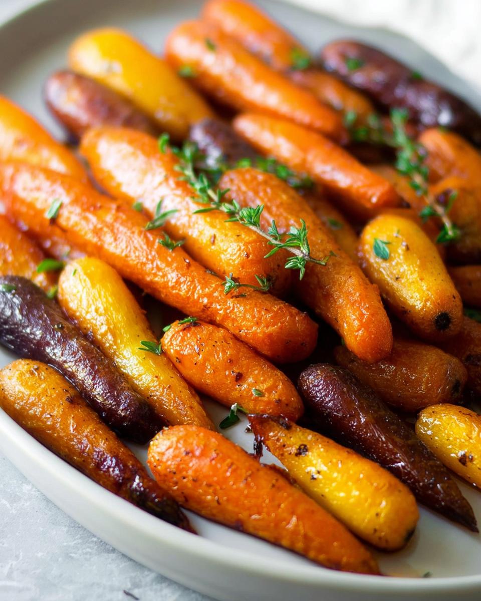 Close-up of roasted, glazed rainbow carrots garnished with fresh thyme, perfect for Veggie Sides Recipes Meal Prep.