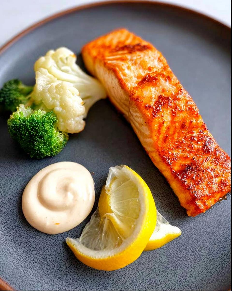 A beautifully seared salmon fillet served with steamed broccoli, cauliflower, lemon wedges, and a swirl of sauce, illustrating 12-Ingredient Salmon Recipes.