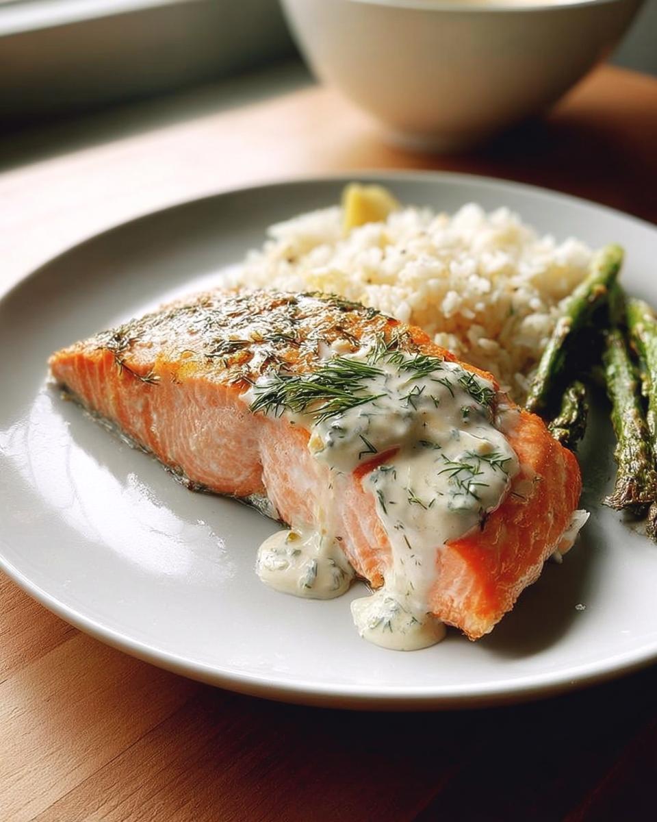 A perfectly cooked salmon fillet topped with creamy dill sauce, served with rice and asparagus, one of 20 Genius Salmon Recipes Ideas.