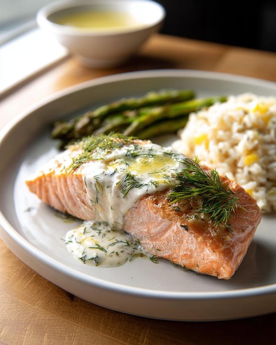 A perfectly cooked salmon fillet topped with creamy dill sauce, served with rice and asparagus, one of 20 Genius Salmon Recipes Ideas for Busy Weeknights.