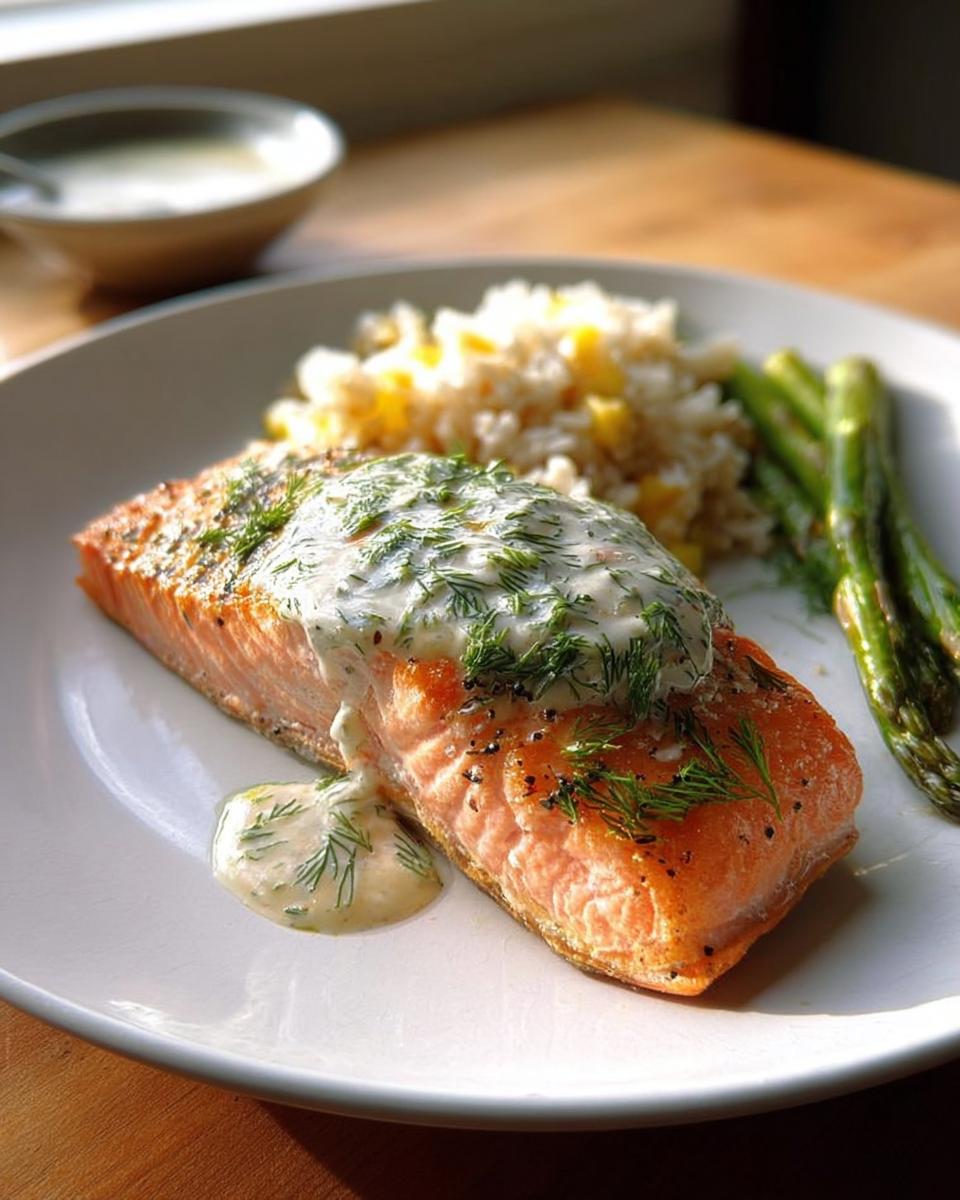 A perfectly cooked salmon fillet topped with creamy dill sauce, served with rice and asparagus, one of 20 Genius Salmon Recipes Ideas for Busy Weeknights.
