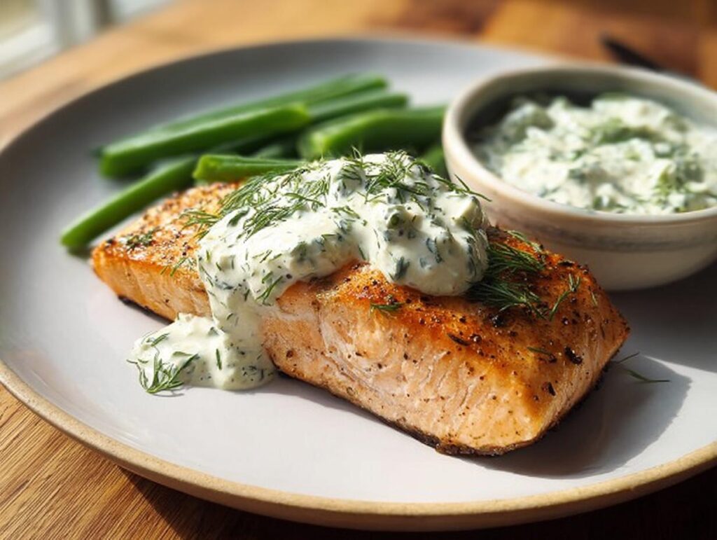 A perfectly cooked salmon fillet topped with creamy dill sauce, served with green beans.
