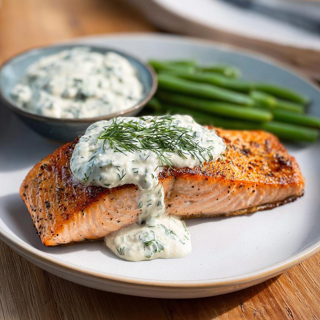 A perfectly cooked fillet of salmon topped with creamy dill sauce, served with green beans.