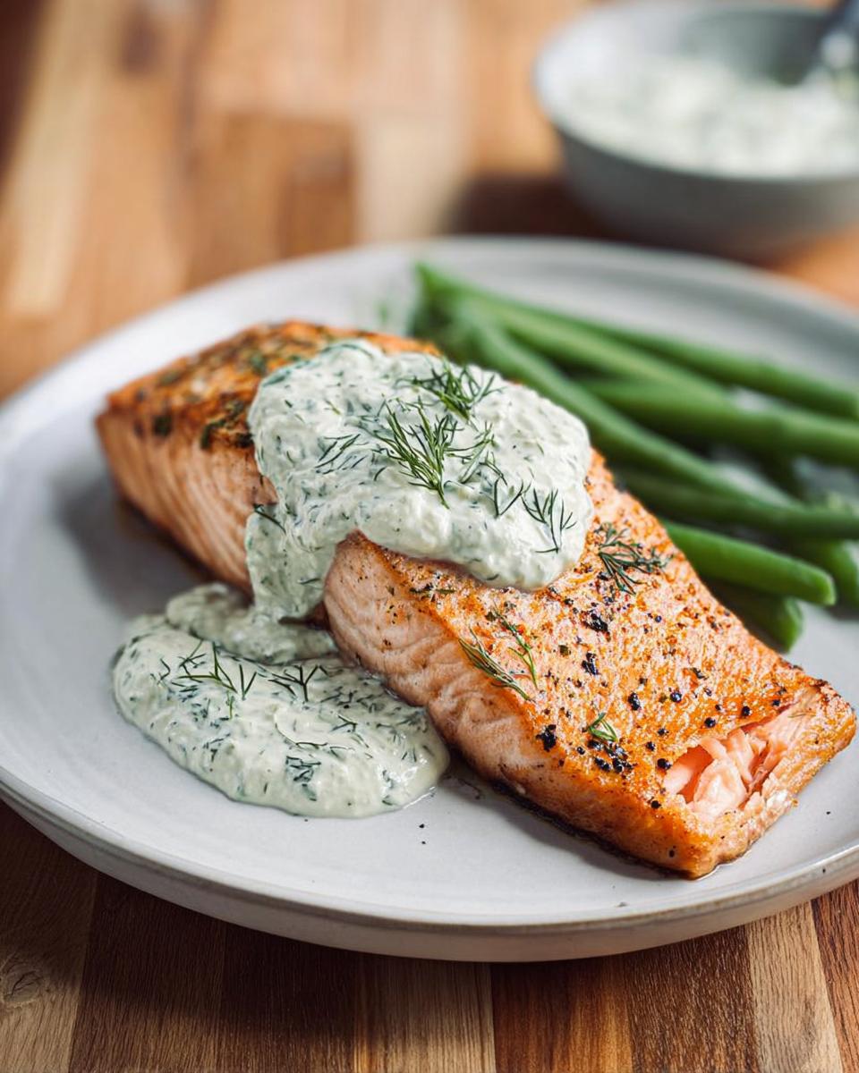 Two fillets of perfectly cooked salmon topped with creamy dill sauce and served with green beans, highlighting why everyone loves this salmon recipes.