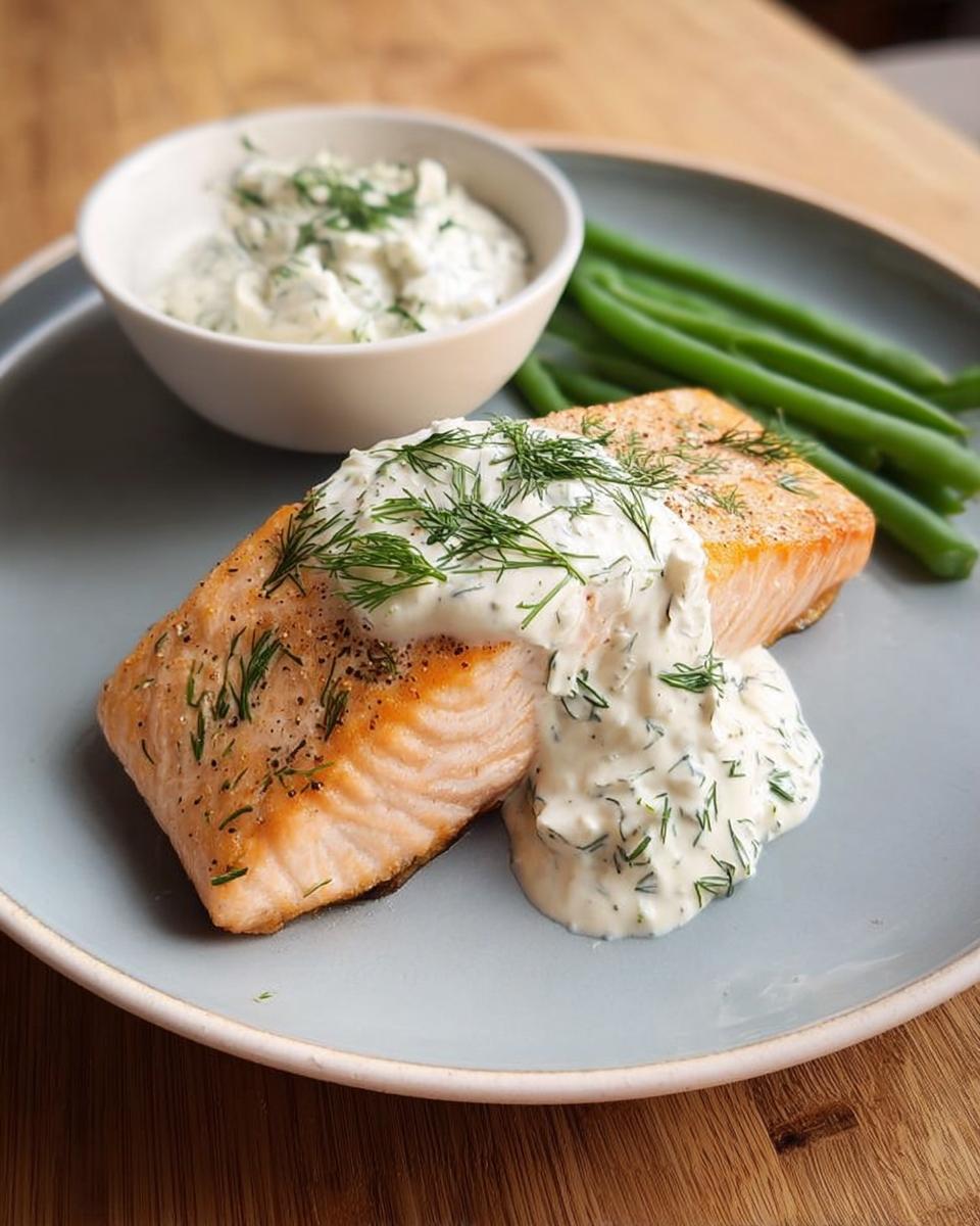 A pan-seared salmon fillet topped with creamy dill sauce and fresh dill, served with green beans.