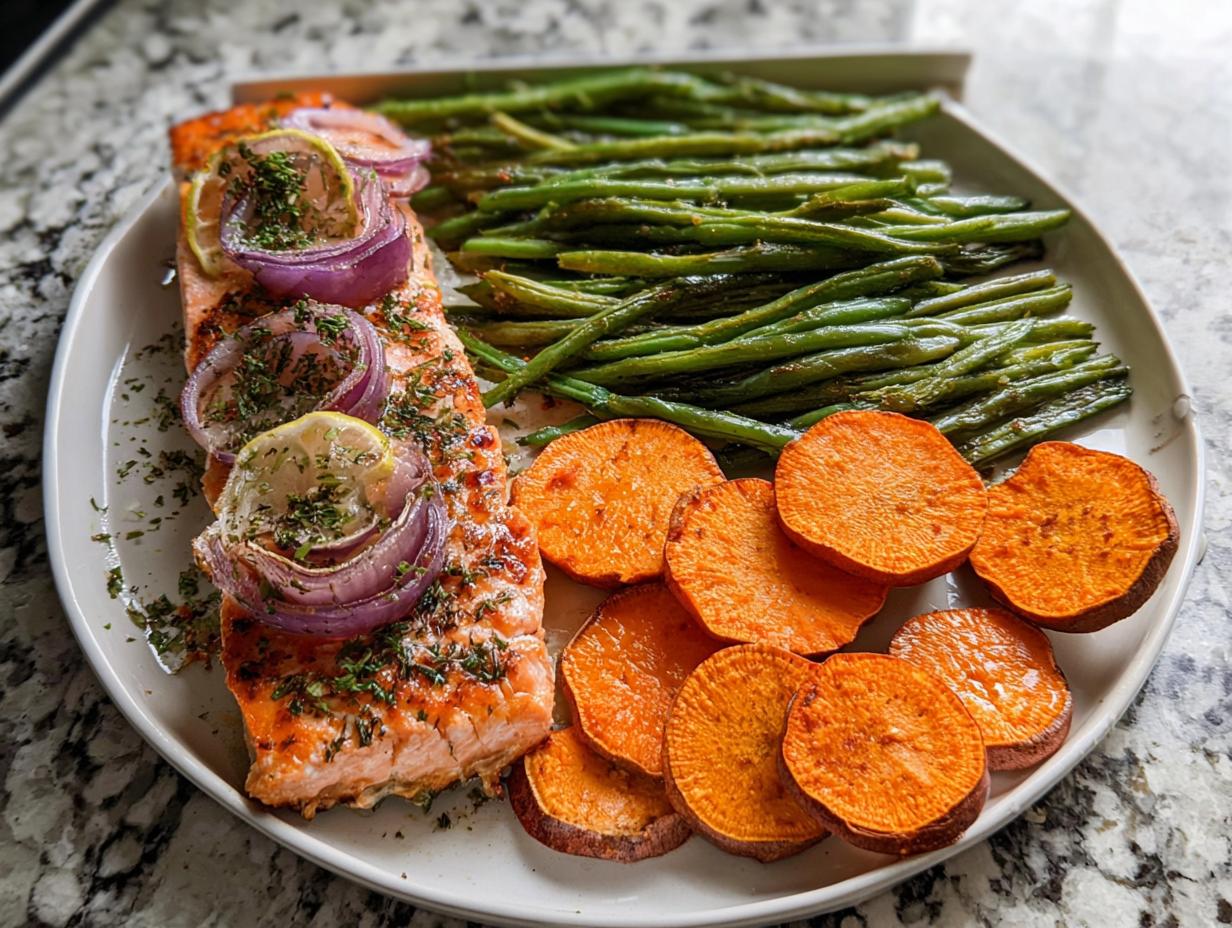 A perfectly cooked salmon fillet topped with red onion and lemon slices, served alongside roasted sweet potato rounds and green beans, ideal for salmon recipes meal prep.
