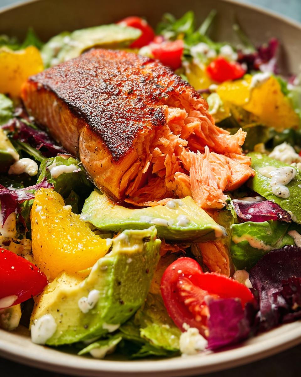 Flaky, seasoned salmon fillet served over a fresh salad with avocado, orange slices, and tomatoes, perfect for Salmon Recipes in 15 Minutes.