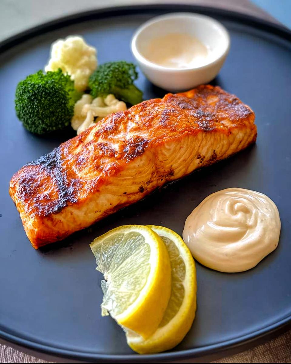 A perfectly cooked piece of salmon served with steamed broccoli, cauliflower, lemon slices, and a dollop of sauce, illustrating one of the 12-Ingredient Salmon Recipes.