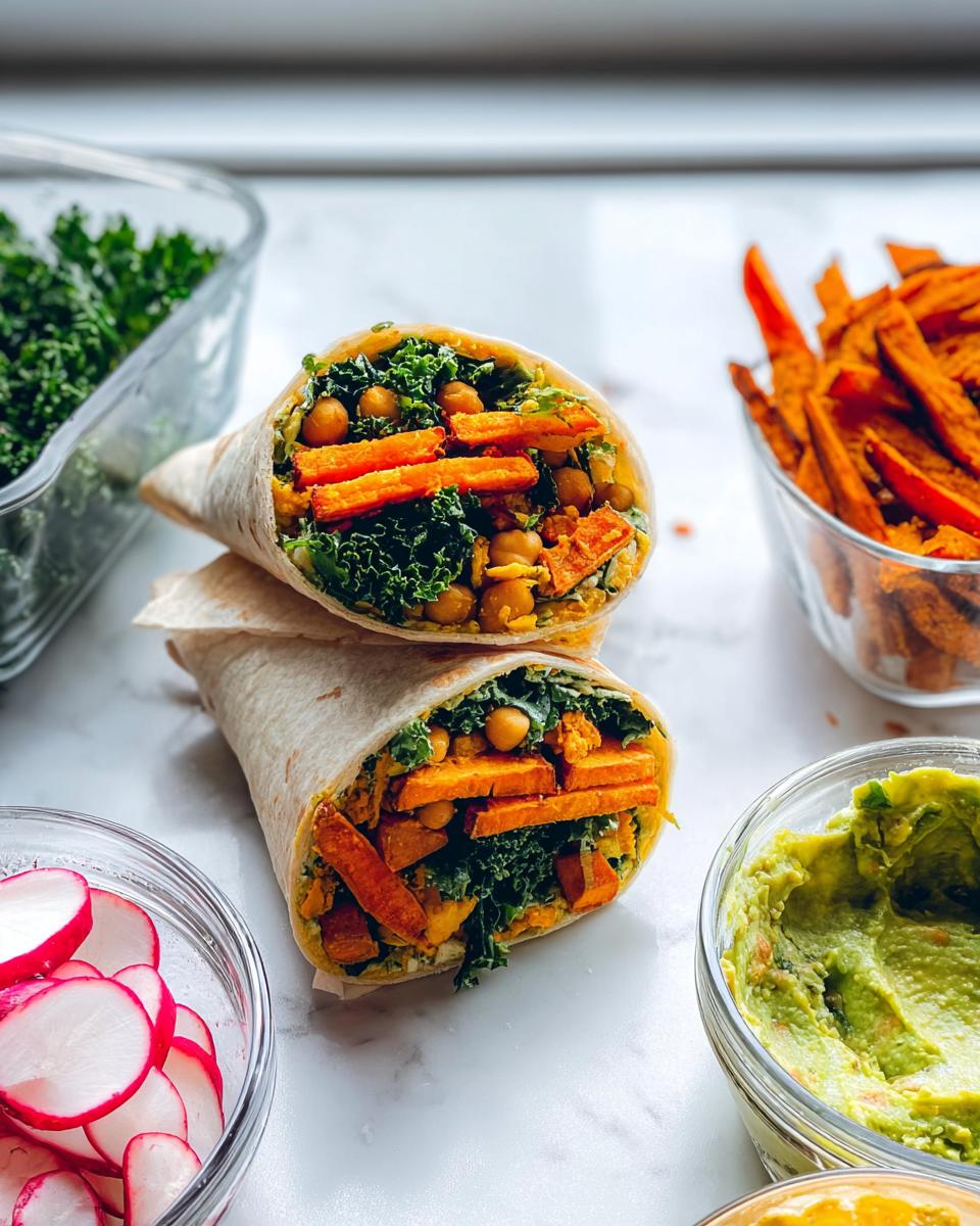 Two stacked wraps filled with kale, chickpeas, and roasted sweet potato sticks, surrounded by meal prep ingredients.