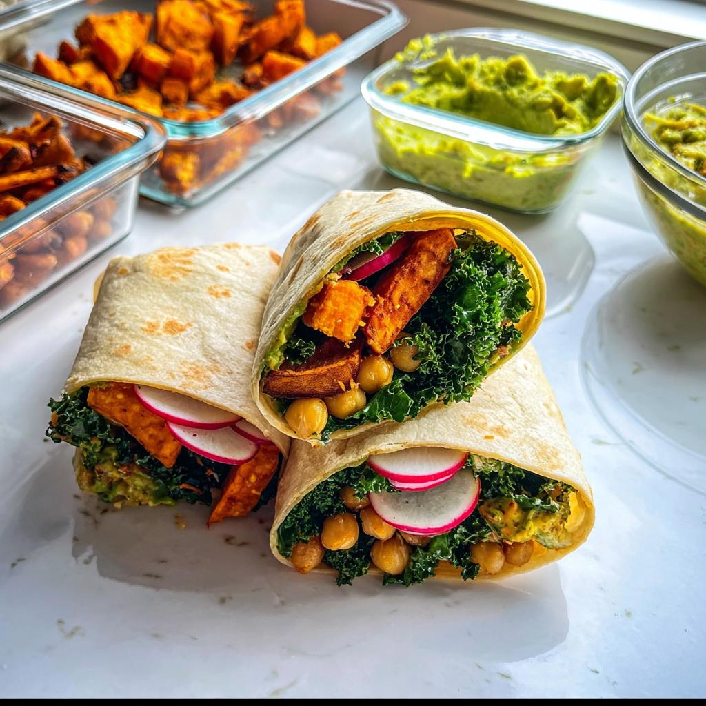 Two halves of a loaded wrap showing sweet potato, kale, chickpeas, and radish, perfect for Sandwich Ideas Recipes Meal Prep That Actually Tastes Great.