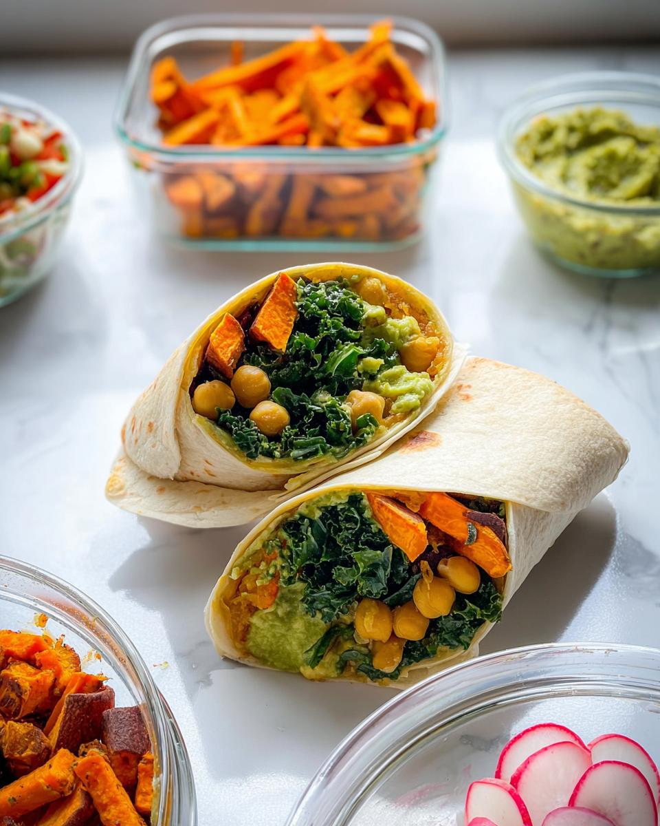 Two halves of a healthy meal prep wrap filled with kale, sweet potato, chickpeas, and avocado.