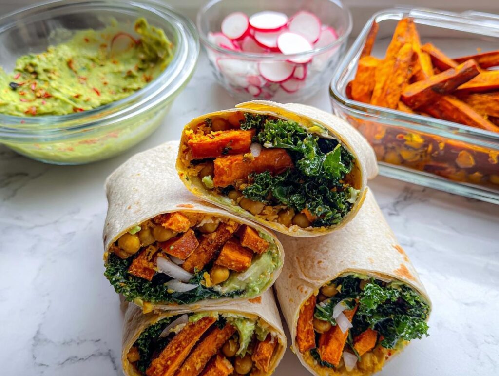 Three stacked wraps cut in half showing sweet potato, kale, and chickpeas, part of great Sandwich Ideas Recipes Meal Prep.