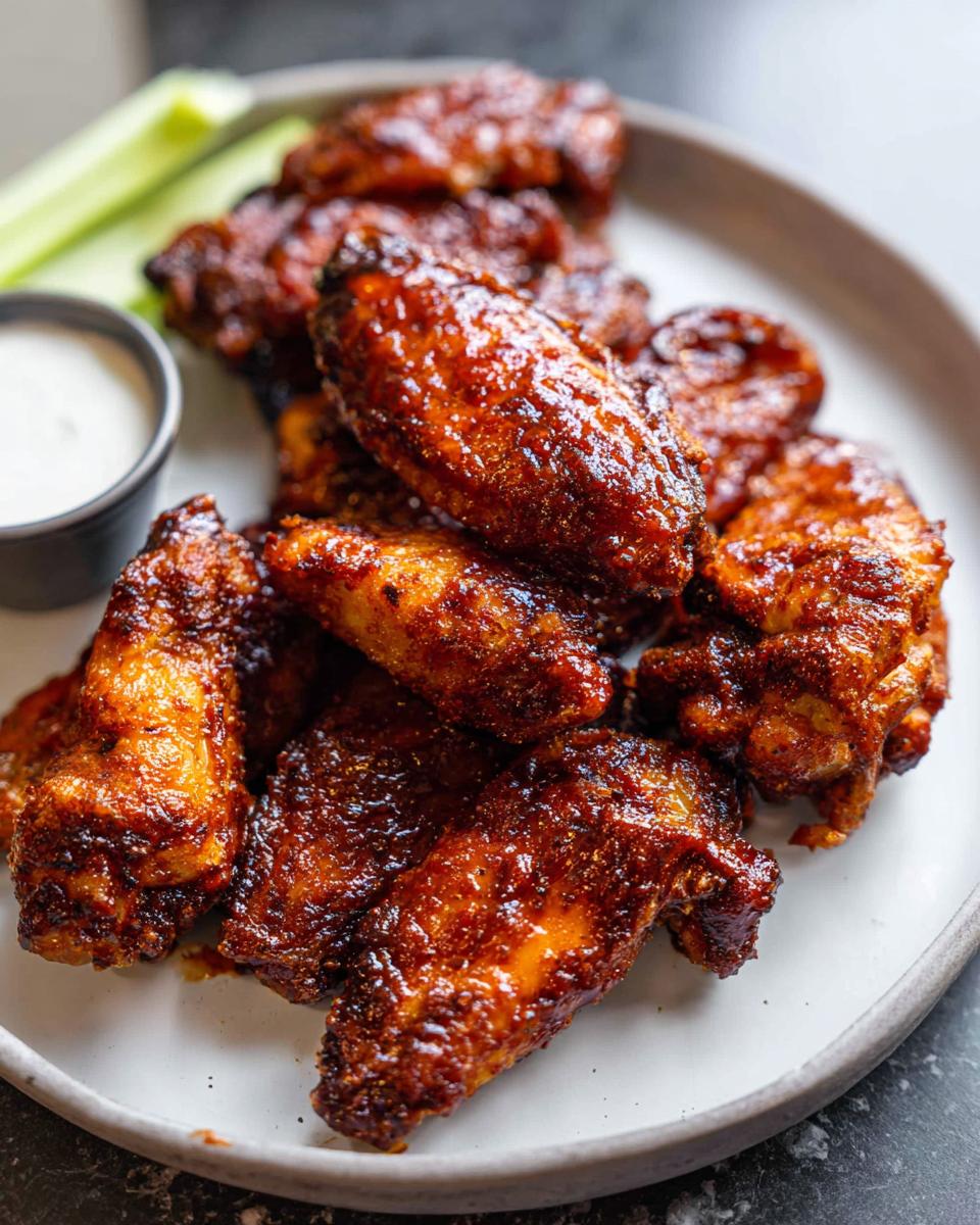 A close-up of saucy, glazed chicken wings, served with celery sticks and dipping sauce.