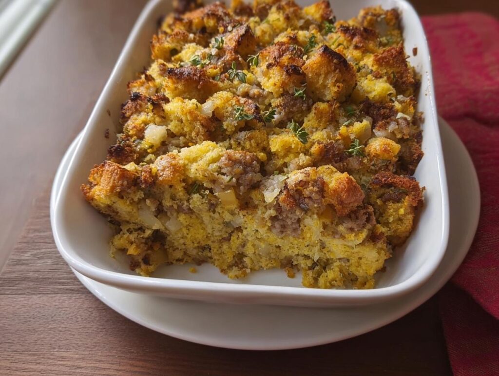 A close-up of a baked sausage cornbread stuffing in a white casserole dish, one serving removed.