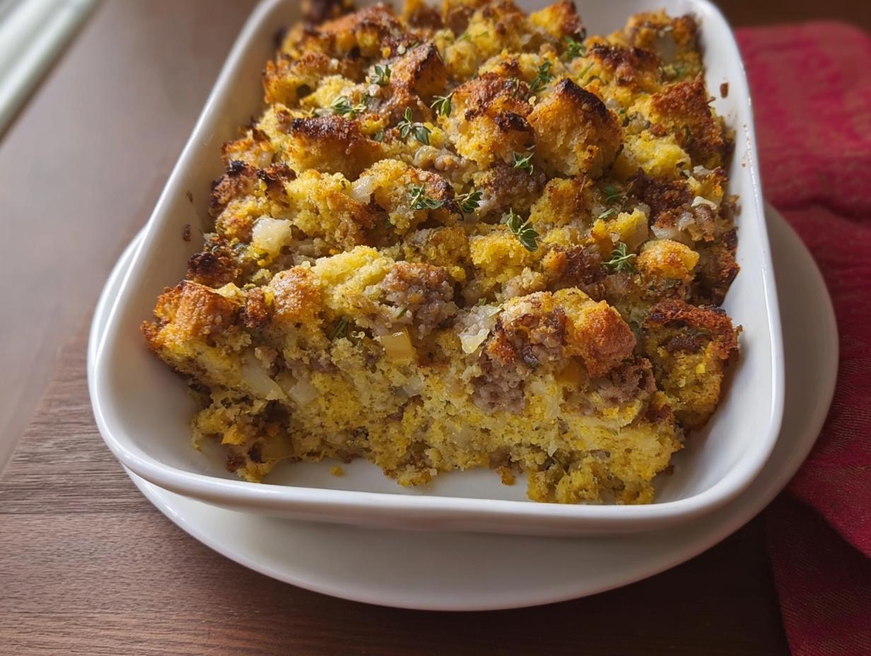 A close-up of a baked sausage cornbread stuffing in a white casserole dish, one serving removed.